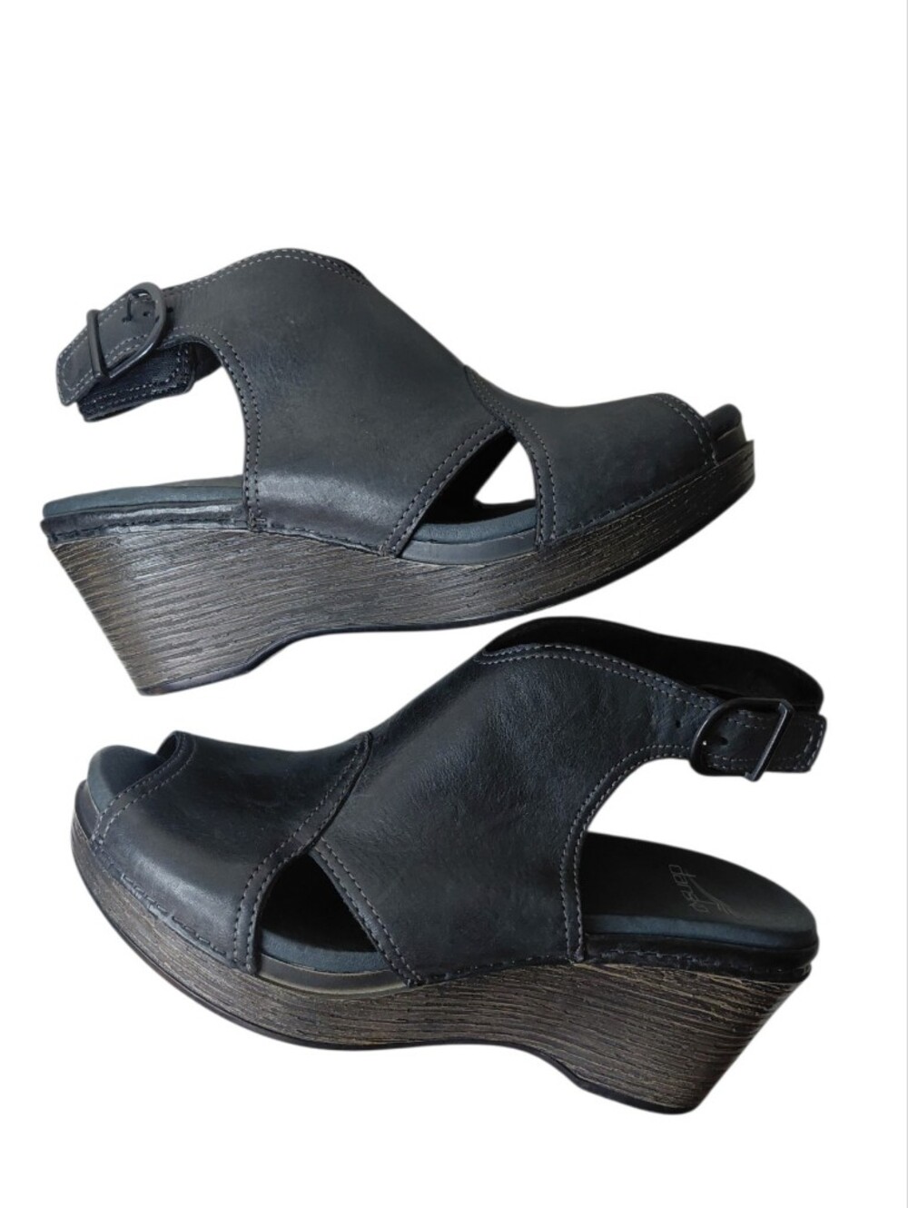 Dansko Vanda Black Leather Wedge Peep Toe Sandals with Buckle Accent Size 9